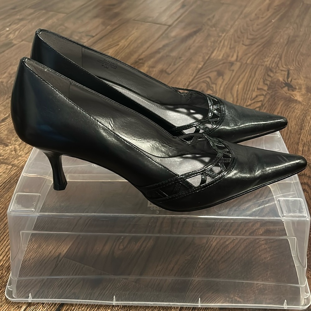 Black heels with black patent trim.